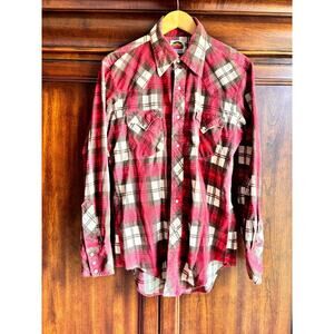Vintage L MILLER Flannel Shirt Western Wear 16/34 Plaid Cowboy Ranch Pearl Snap